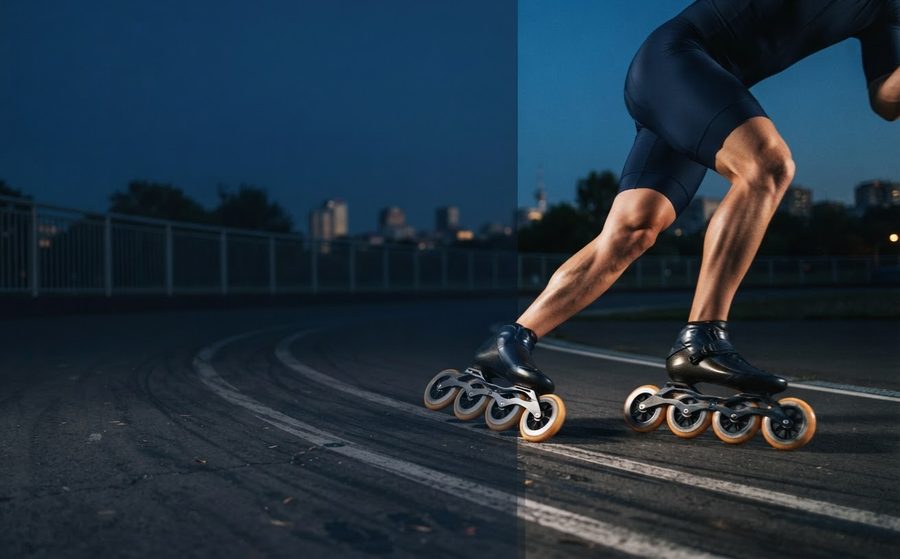 Close-up of an inline skater's legs and skates mid-stride on a race track